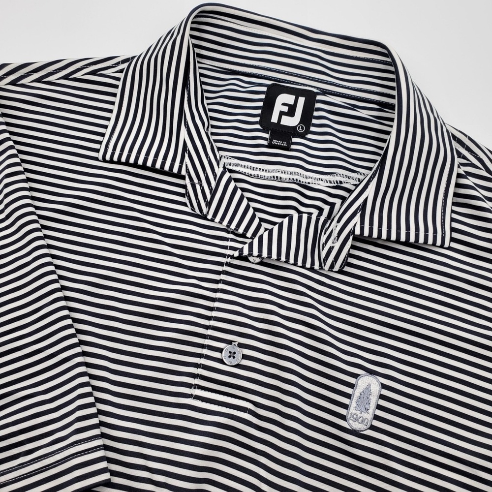 FootJoy Mens Large Navy White Striped Performance Golf Polo 1900 Crest flaw
